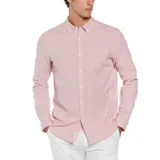 Camisa rosada de manga larga con efecto “crinkle” y tintura en prenda (sobreteñida) para un look gastado y relajado.