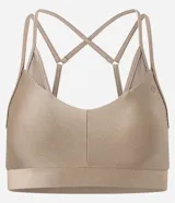 Top deportivo negro de microfibra con efecto satinado, copas removibles y correas dobles ajustables.