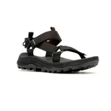 Sandalia deportiva Merrell de color negro, con tiras de tejido reciclado, sistema de ajuste con cordón elástico en el talón y suela de goma con relieve para mayor tracción.