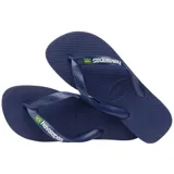 Ojotas Havaianas modelo Brasil Logo, color blanco, con tiras blancas y logo de la marca en relieve azul con la bandera de Brasil.