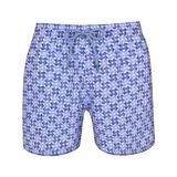 Short de baño con estampado de círculos concéntricos en tonos de azul y celeste. Tiene cintura elástica con cordón ajustable celeste.
