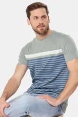 Remera de manga corta gris con rayas horizontales azules y blancas.