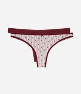 Kit de dos bombachas tipo bikini marca Lov, confeccionadas en algodón con elastano. Incluye una pieza lisa color bordó y una pieza estampada con rayas verticales y corazones pequeños, ambas con detalle de lazo frontal.