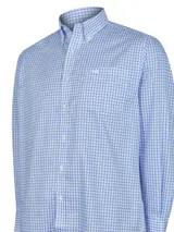 Camisa de manga larga de popelina de algodón RKF, con diseño a cuadros en tonos de azul sobre base blanca, cuello con botones y bolsillo en el pecho con logo bordado.