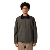 Campera verde oliva con cuello de pana negro, cierre frontal con cremallera y logo bordado en el pecho.