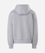 Campera boxy de malla scuba color gris melange, con capucha, cierre frontal completo y bolsillos laterales ocultos.