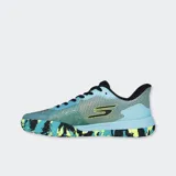 Championes Skechers Viper Court Pro 2.0 en color gris con detalles en azul y verde flúor, diseñados para deportes en cancha con suela de goma multicolor y amortiguación avanzada.