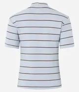 Blusa de ribana color marrón con rayas horizontales blancas, cuello medio, mangas cortas y corte ajustado.