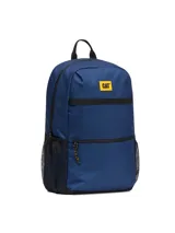 Mochila unisex color azul marino con logo Caterpillar (CAT) en parche amarillo en la parte superior frontal. Presenta un bolsillo frontal con cierre, bolsillos laterales de malla negra y correas ajustables de malla transpirable.