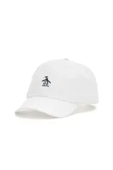 Gorro con visera curva color blanco, con bordado frontal del logotipo de un pingüino en color azul marino.
