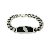 Pulsera de acero plateado con eslabones tipo cadena y placa central rectangular con detalle de fibra de carbono y diseño calado.