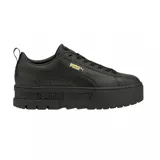 Championes Puma modelo Mayze Classic, color blanco con detalles en dorado. Diseño de plataforma con suela dentada y logo de la marca en el lateral y la entresuela.