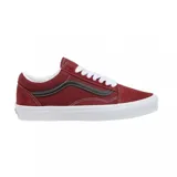 Championes Vans modelo Old Skool, de diseño clásico con cuerpo en color bordó, confeccionados en una combinación de gamuza y lona. Presentan la icónica banda lateral en color negro, cordones blancos y suela de goma vulcanizada blanca.