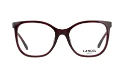 Armazón para anteojos Lancel modelo 90055, color bordó, de acetato, con forma rectangular redondeada.