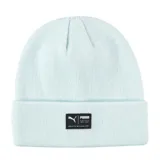 Gorro tipo beanie de punto en color gris oscuro jaspeado, con vuelta y parche rectangular frontal con el logo de la marca Puma.