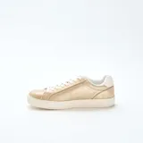 Zapatillas bajas de mujer, color dorado brillante, con cordones blancos y suela gruesa de goma blanca.