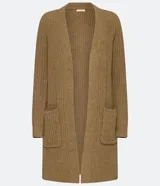 Cardigan largo de punto abierto, color marrón tostado, con mangas largas y dos bolsillos delanteros aplicados. Presenta una textura acanalada y diseño sin cierre.