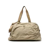 Bolso deportivo de gran capacidad en color verde oliva, confeccionado en material textil con acabado arrugado. Cuenta con doble asa superior, correa ajustable desmontable, compartimento principal con cierre y correas en la base para sujetar accesorios.
