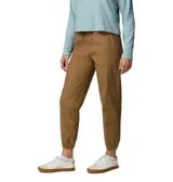 Pantalon tipo jogger de color marrón, con cintura elástica ajustable mediante cordón, bolsillos frontales tipo cargo y puños elásticos en los tobillos.