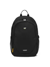 Mochila urbana Caterpillar modelo Tokyo, color negro, con compartimento principal y bolsillo acolchado para portátil. Presenta correas ajustables de malla, dos bolsillos laterales de malla, asa de agarre superior y detalle reflectante frontal.