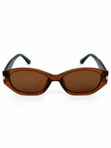 Lentes de sol con armazón ovalado de acetato marrón traslúcido y patillas verdes.