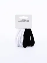 Pack de seis coleros elásticos para el pelo, tres blancos y tres negros.