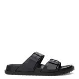 Sandalias estilo slide de mujer, color negro, con dos tiras anchas ajustables mediante hebillas tono sobre tono y suela texturizada.