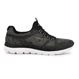 Championes deportivos Skechers Summits, color negro con detalles dorados, capellada de tejido knit, plantilla acolchada Memory Foam y suela flexible.
