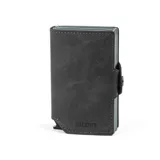 Billetera compacta de cuero genuino marca Baleine, modelo Double Kansas Space, en color gris. Cuenta con doble compartimento de aluminio para tarjetas con sistema de deslizamiento, espacio para billetes y protección RFID. Posee cierre lateral con broche a presión y logo grabado.