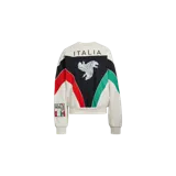 Sweater Adidas de cuello redondo en color blanco, con diseño gráfico en el pecho que incluye la inscripción "ITALIA", un escudo con la figura de un león sobre fondo negro y franjas diagonales en rojo y verde. Presenta un parche bordado alusivo a la Copa del Mundo en la manga derecha.