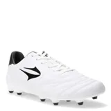 Championes de fútbol Topper modelo San Ciro V FG, color blanco con detalles en negro. Confeccionados en cuero sintético de alta calidad con costuras reforzadas en la capellada para un mejor control del balón y suela con tapones para césped natural.