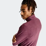 Buzo deportivo New Balance de manga larga, color vino o borgoña jaspeado, con cuello alto y cierre frontal de un cuarto. Presenta un pequeño logo NB reflectante en el pecho.