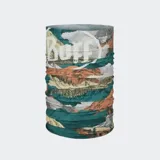 Bandana tubular Buff Original, sin costuras, con estampado de paisaje montañoso en tonos verde azulado, naranja terracota, beige y blanco. El estampado incluye la palabra "Buff" en la parte superior.