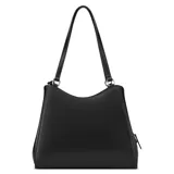 Cartera Guess Elsa de color negro, confeccionada en símil cuero con herrajes plateados y logo triangular frontal. Cuenta con doble asa de hombro y un pequeño monedero colgante removible con el nombre de la marca.