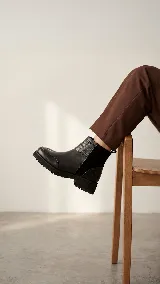 Bota corta de cuero negro con diseño de paneles combinados, presentando cuero liso en la parte frontal y cuero texturizado en la parte posterior. Cuenta con una suela robusta dentada y taco medio.
