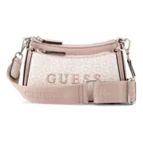 Cartera bandolera Guess modelo Holly, de diseño estructurado en tono rosado con monograma de la marca impreso. Presenta un compartimento principal con cierre, herrajes metálicos plateados y correa ajustable de tela grabada con el logotipo. Incluye además un estuche frontal desmontable con cierre.