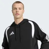 Canguro deportivo Adidas de corte holgado, confeccionado en tejido polar. Presenta capucha con cordón de ajuste, puños acanalados, bolsillos con cierre y diseño con inserciones en el pecho y las icónicas tres tiras en las mangas.
