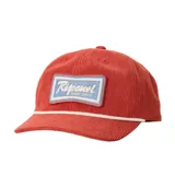 Gorra de corduroy color rojo con visera curva, cordón decorativo blanco sobre el ala y parche frontal bordado con el logo de Rip Curl Surf Shop en tonos celeste y blanco.