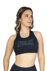 Top deportivo Everlast color negro con diseño racerback y el logo de la marca estampado en el pecho en tono plateado con contorno blanco.