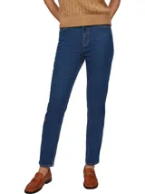 Jean azul de denim elástico de algodón, corte ajustado, talle alto, pierna recta y largo tobillero.