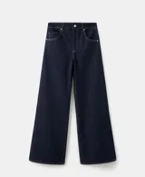 Jeans de tiro alto y corte wide leg, confeccionados en denim azul oscuro con costuras en contraste.