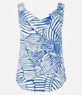 Blusa sin mangas con escote en V y estampado de hojas en tonos azul y blanco.