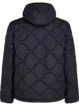 Campera acolchada azul marino de nailon con aislamiento térmico, repelente al agua, capucha fija con cordón ajustable, cierre de cremallera, dos bolsillos diagonales en la cintura y parche con el logo de Tommy Hilfiger en la manga.