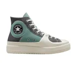 Championes Converse Chuck Taylor Construct de caña alta, con suela de plataforma, capellada dividida en bloques de color gris, blanco y verde agua, y logo circular de la marca en el lateral.
