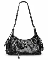 Cartera de hombro color negro con efecto gastado, diseño con múltiples bolsillos exteriores, cierres metálicos y hebillas plateadas.