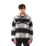 Campera tipo camisa de franela a cuadros blancos y negros, con cuello clásico, cierre frontal con botones y dos bolsillos con solapa en el pecho.