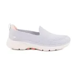 Championes Skechers GO WALK 6 Ocean Splash, color gris claro con detalles en rosa. Capellada de malla técnica, media suela con amortiguación ULTRA GO, plantilla Air-Cooled Goga Mat y tecnología Hyper Pillar.