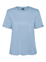 Remera de algodón orgánico con cuello redondo y mangas cortas de calce regular, color celeste.