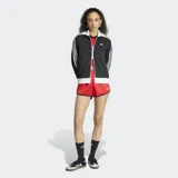 Campera deportiva Adidas Originals, modelo clásico Adicolor Firebird, de color negro con detalles en blanco. Presenta cierre frontal completo, cuello alto tipo embudo, bolsillos laterales con cierre y las icónicas tres tiras blancas en las mangas. El logo del trifolio de Adidas está bordado en el pecho.