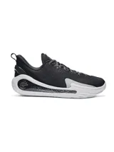 Championes de básquetbol Under Armour Curry 12, modelo Wardell, con parte superior de malla transpirable en color negro y suela de tecnología UA Flow de doble densidad en color blanco con detalles moteados. Presenta contrafuerte de TPU en el talón y diseño ergonómico para mayor soporte y estabilidad en la cancha.